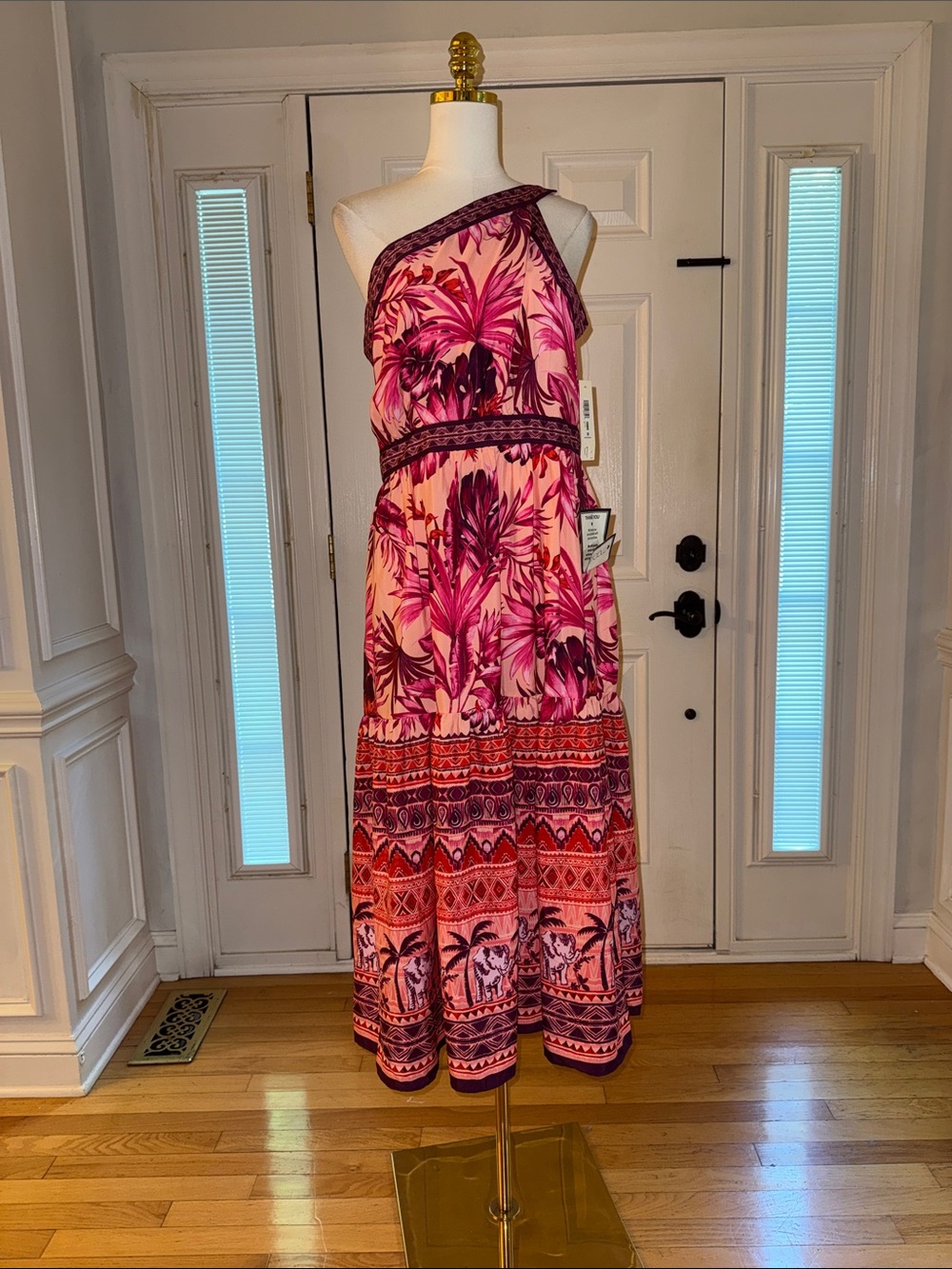 Eliza J One-Shoulder Pink & Magenta Tropical Print Maxi Dress